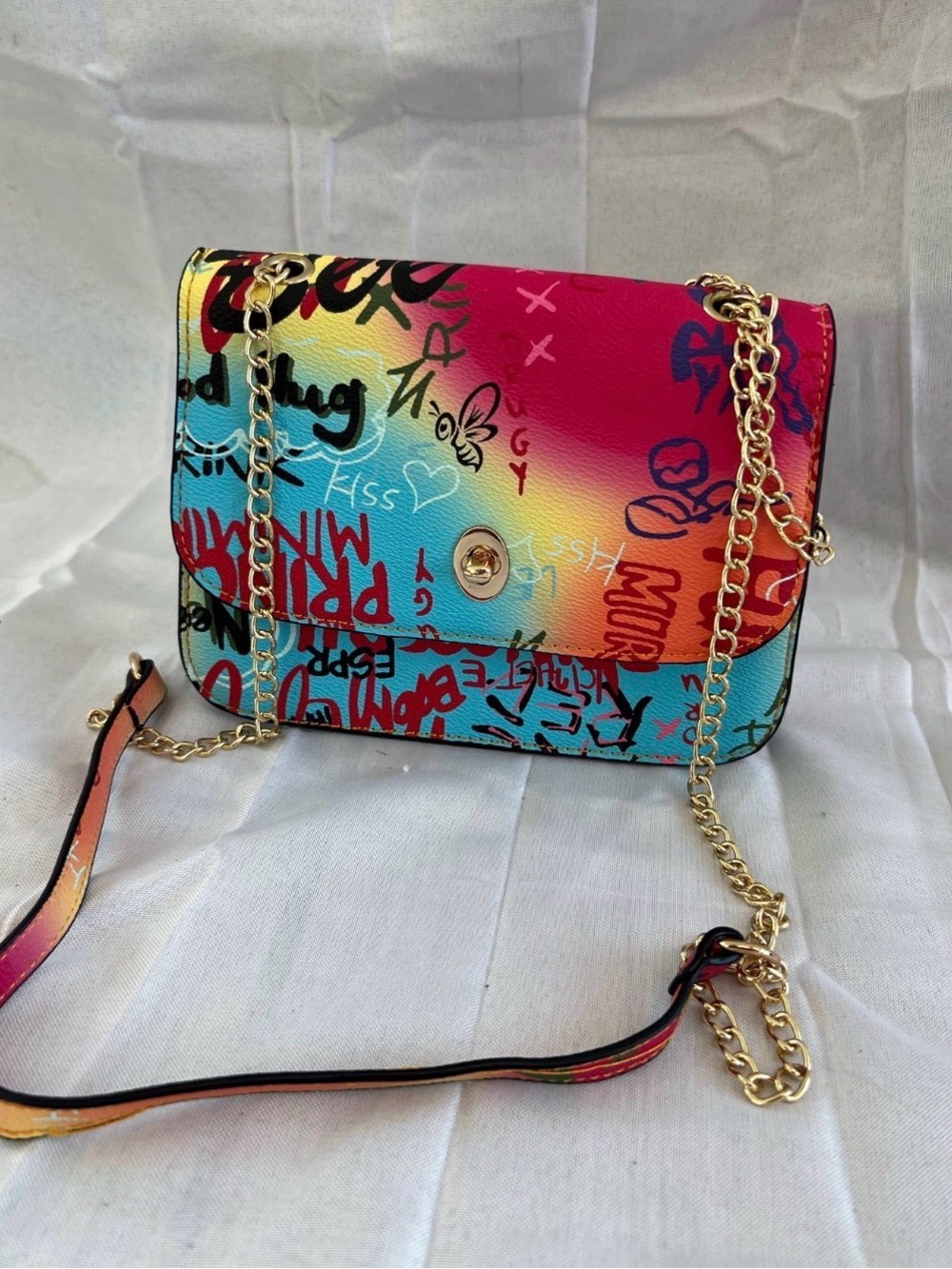 Colorful Graffiti Print Crossbody Bag - Pink Blue Gradient